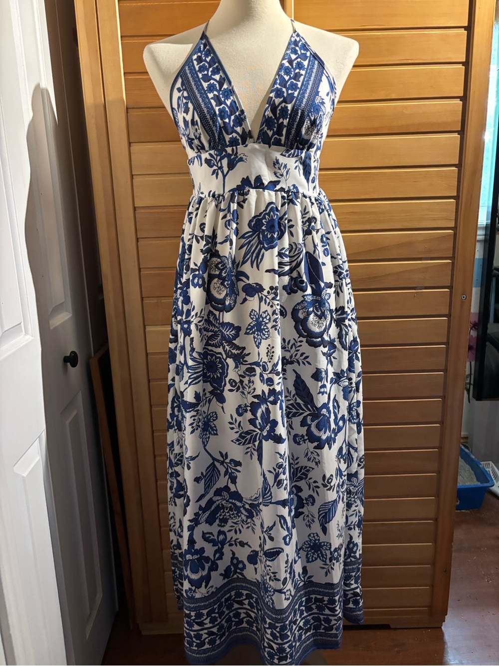 Women's Blue and White Floral Halter Maxi Dress